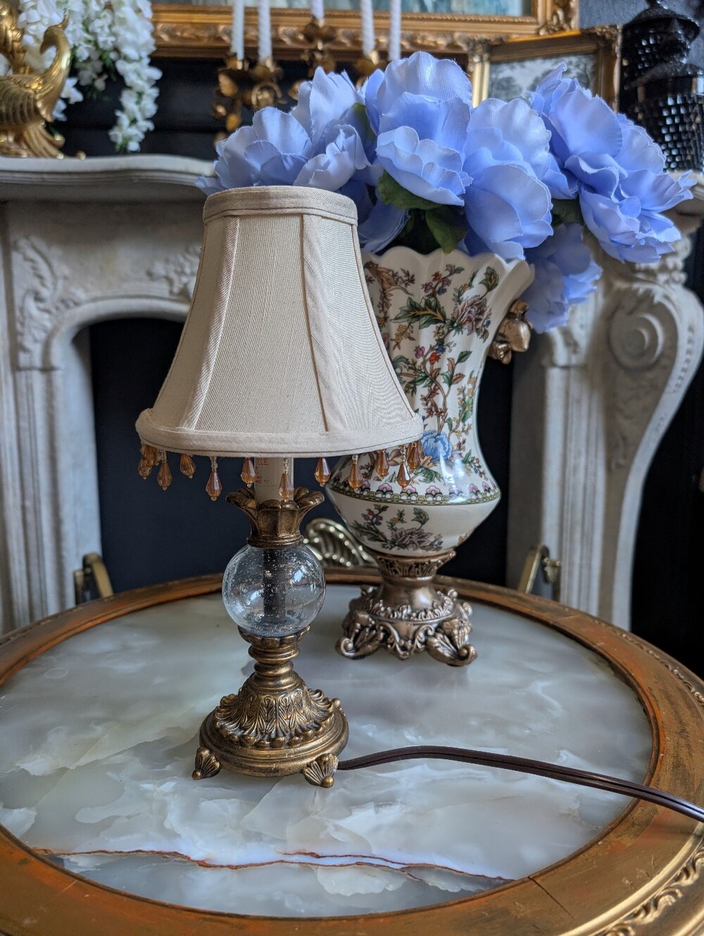 Vintage petite gold ornate footed, crackled glass sphere,  table night lamp 13"